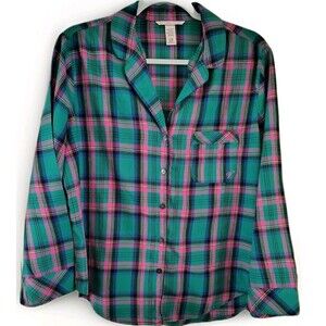Victoria's Secret PJ Top Green/Pink Plaid Size S Pocket (V)  Logo Cotton